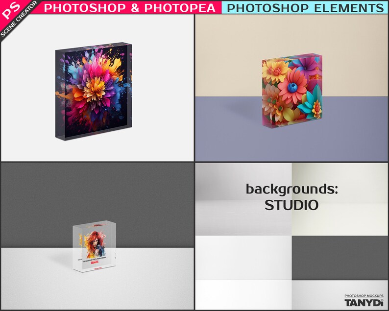 Set of 3 Acrylic Photo Blocks, Square Block 4x4, 6x6, 8x8 in, Photoshop Photopea Elements Photo Mockup, PNG Transparent Blocks 1.5in 40mm