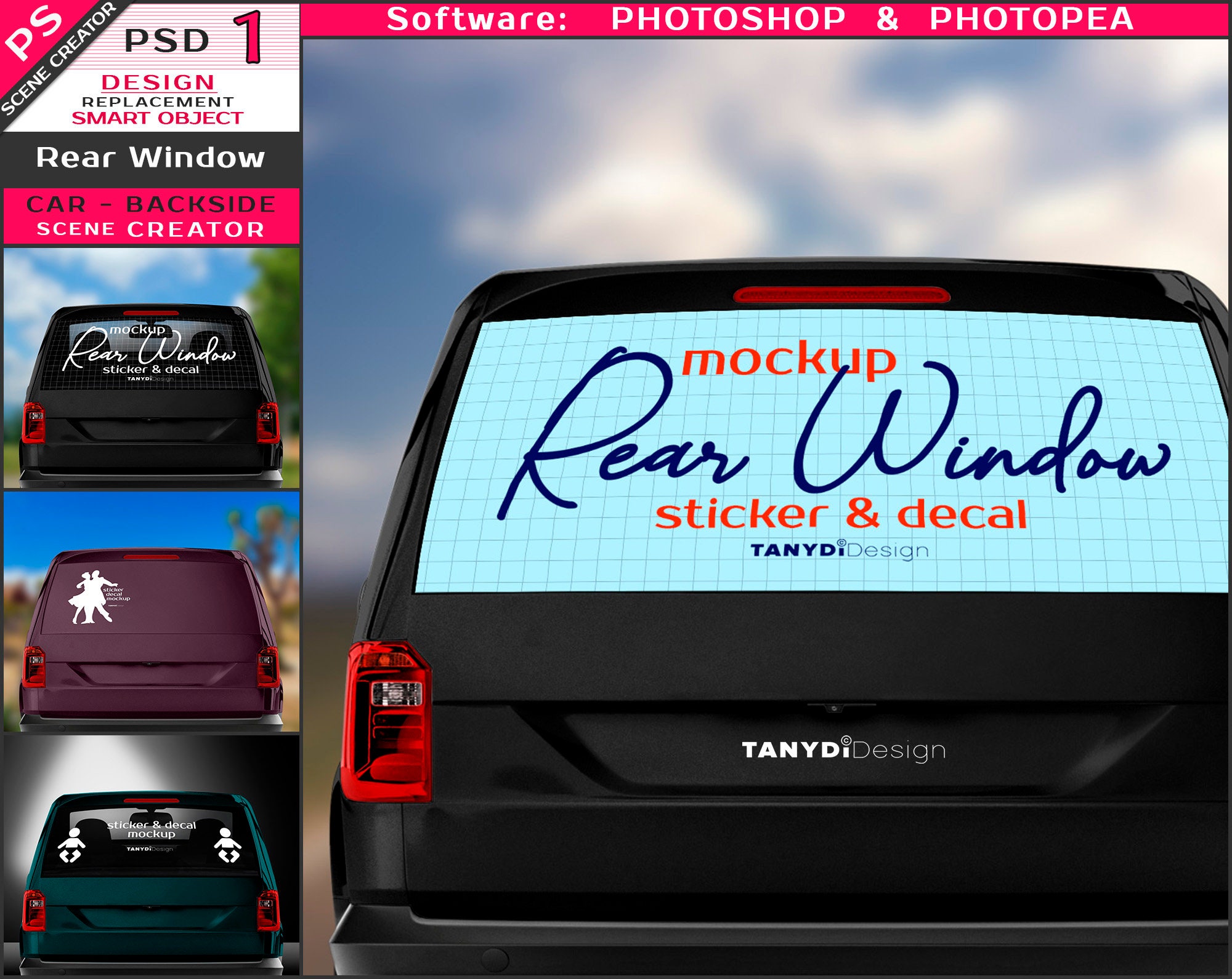 Black Car Rear Window, Photoshop Photopea Sticker Decal Mockup, Glass Window  & Metal Backside, Outdoor Scenes RW-1 