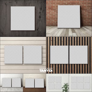 Bundle of 24 PNG Square Canvas Mockups, Empty Opening 1:1 Aspect Ratio, Add Design via Canva PNG, Canvas Print on Interior Wall & Floor