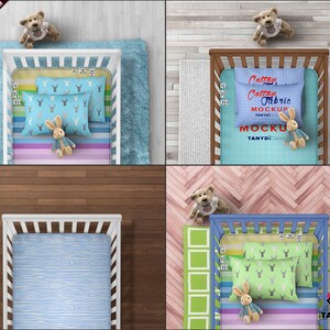 Crib Bedding Mattress Photoshop Fabric Mockup, PNG Top Half Crib Mattress Tags Pillows Toys, Smart object mock-up, Scene creator TC-M-0 image 5