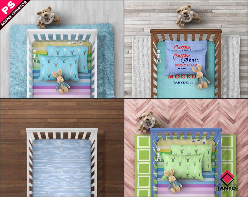 Crib Bedding Mattress Photoshop Fabric Mockup, PNG Top Half Crib Mattress Tags Pillows Toys, Smart object mock-up, Scene creator TC-M-0 image 5