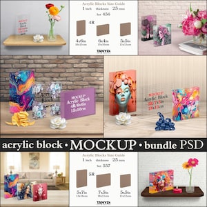 May include: A mockup set of acrylic blocks in various sizes, with a guide showing the dimensions in inches and centimetres. The blocks are shown on a wooden surface with different backgrounds, including a brick wall, a floral arrangement, and a room interior. The text "MOCKUP Acrylic Block 4R/6x4in 15x10cm" is visible on one of the blocks.