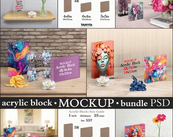 Akryl transparenta fotoblock 2,5 cm, vertikala horisontella 4R 5R fyrkantiga block, bunt Photoshop Photopea-mockups, block på bord och hylla