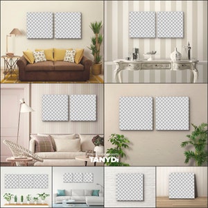 Bundle of 24 PNG Square Canvas Mockups, Empty Opening 1:1 Aspect Ratio, Add Design via Canva PNG, Canvas Print on Interior Wall & Floor