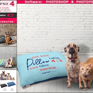 May include: A blue and white pet bed with the text "pet bed pillow ratio 4:3 front fabric mockup TANYDI design" on it. A brown dog and an orange cat are sitting on the floor next to the bed.