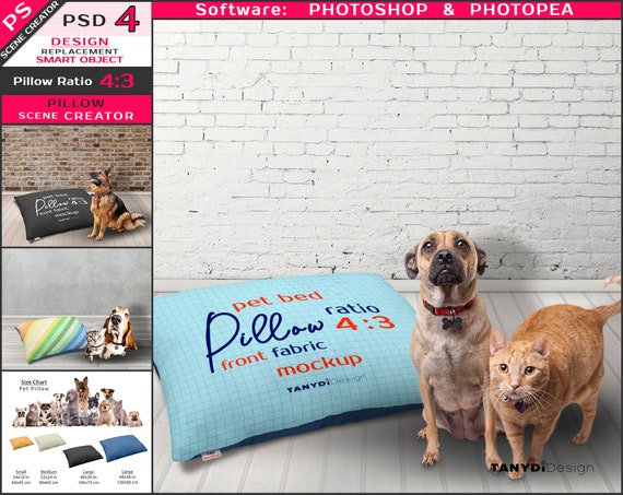 Pet Bed Large Medium Small Pillow, Dogs & Cats, 30x40in 75x100cm Pet Cushion, Size Chart, Photoshop Photopea Mockup, Scene creator PP3-43
