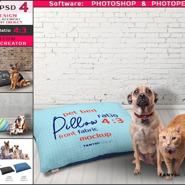 Pet Bed Large Medium Small Pillow, Dogs & Cats, 30x40in 75x100cm Pet Cushion, Size Chart, Photoshop Photopea Mockup, Scene creator PP3-43