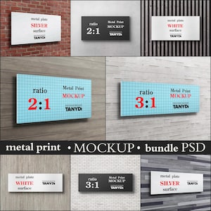 Panoramic Metal Print on Wall, 2:1 & 3x1 Aspect Ratio, Photoshop Photopea Elements Mockup, 3D Perspective View, White or Silver Surface