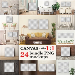 Pacote de 24 modelos de tela quadrada PNG, abertura vazia, proporção de aspecto 1: 1, adição de design via Canva PNG, conjunto de impressão em tela na parede interna e no chão