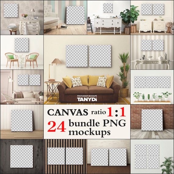 Bundle of 24 PNG Square Canvas Mockups, Empty Opening 1:1 Aspect Ratio, Add Design via Canva PNG, Canvas Print Set on Interior Wall & Floor