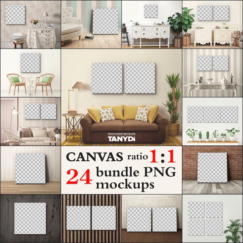 Bundle of 24 PNG Square Canvas Mockups, Empty Opening 1:1 Aspect Ratio, Add Design via Canva PNG, Canvas Print on Interior Wall & Floor
