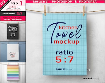 Kitchen Towel on a Rope with Clothespins, 20x28 in 50x70 cm, Photoshop Photopea Print Mockup, Flour Sack or Linen Tea Towel, Scene creator
