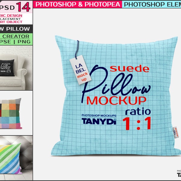 Square Throw Suede Pillow, Photoshop Photopea Elements Fabric Mockup, Coloring Template, Label Tag, Size Chart TP-4, PNG Decorative Cushion