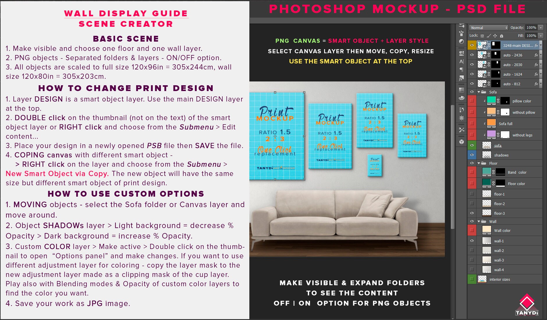 Wall Display Guide 24x30 18x24 12x16 11x14 8x10 Scene Creator, Photoshop  Print Mockup Vertical & Horizontal Canvas, Blue Sofa Interior 9-5C 