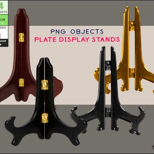 Plate Display Stand - PNG object, 4 PNG stands Black wood, Brown wood, Black & Golden plastic, Non-Photoshop Scene creator objects
