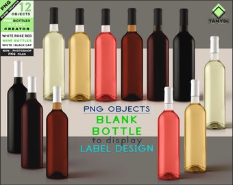 Blank PNG Wine Bottle, 12 PNG White Rose Red wine Bottles, White and Black Cap, Non-Photoshop Scene creator drink objects DWBO-7