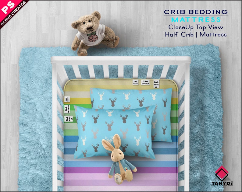Crib Bedding Mattress Photoshop Fabric Mockup, PNG Top Half Crib Mattress Tags Pillows Toys, Smart object mock-up, Scene creator TC-M-0 image 1