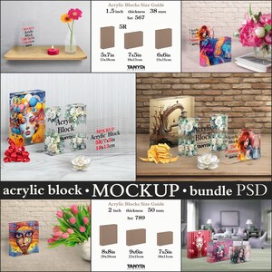 Könnte beinhalten: Mockup von Acrylblöcken in verschiedenen Größen und Designs. Die Blöcke sind 1,5 Zoll dick und 2 Zoll dick. Die Blöcke werden auf einer Holzoberfläche mit Blumen und anderen Dekorationselementen präsentiert. Der Text "Acrylic Block" und "MOCKUP" ist auf den Blöcken sichtbar.