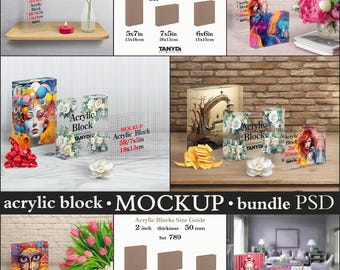 Transparenta fotoblock 1,5 och 2 tum, fyrkantiga vertikala horisontella akrylblock, bunt Photoshop Photopea-mockups, block på bordshylla