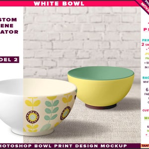 Bowl Photoshop Print Mockup, Cereal Bowl on Fabric Wood Table Top, Custom Scene Creator B2-0, Bowl set on table, Smart object Custom color image 1