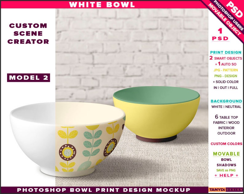 Bowl Photoshop Print Mockup, Cereal Bowl on Fabric Wood Table Top, Custom Scene Creator B2-0, Bowl set on table, Smart object Custom color image 1