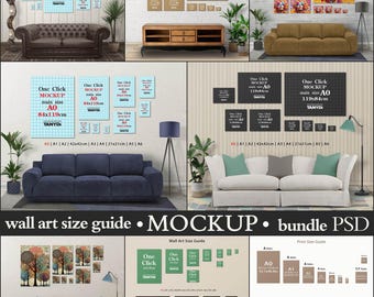 9 Posters Wall Art Size Guide, A0 A1 A2 A3 A4 A5 A6, 21x21 42x42cm, Photoshop Photopea Mockup, Vertical Horizontal, Living Room Interior
