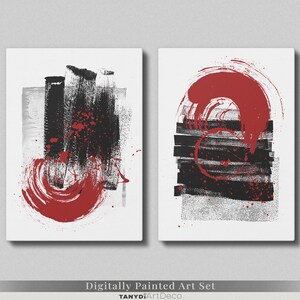 Red Black Grey, Printable Acrylic Painting, Brush Stroke Art Set, Set of 2 Abstract Painting Prints, Modern Wall Art, Home Office Decor