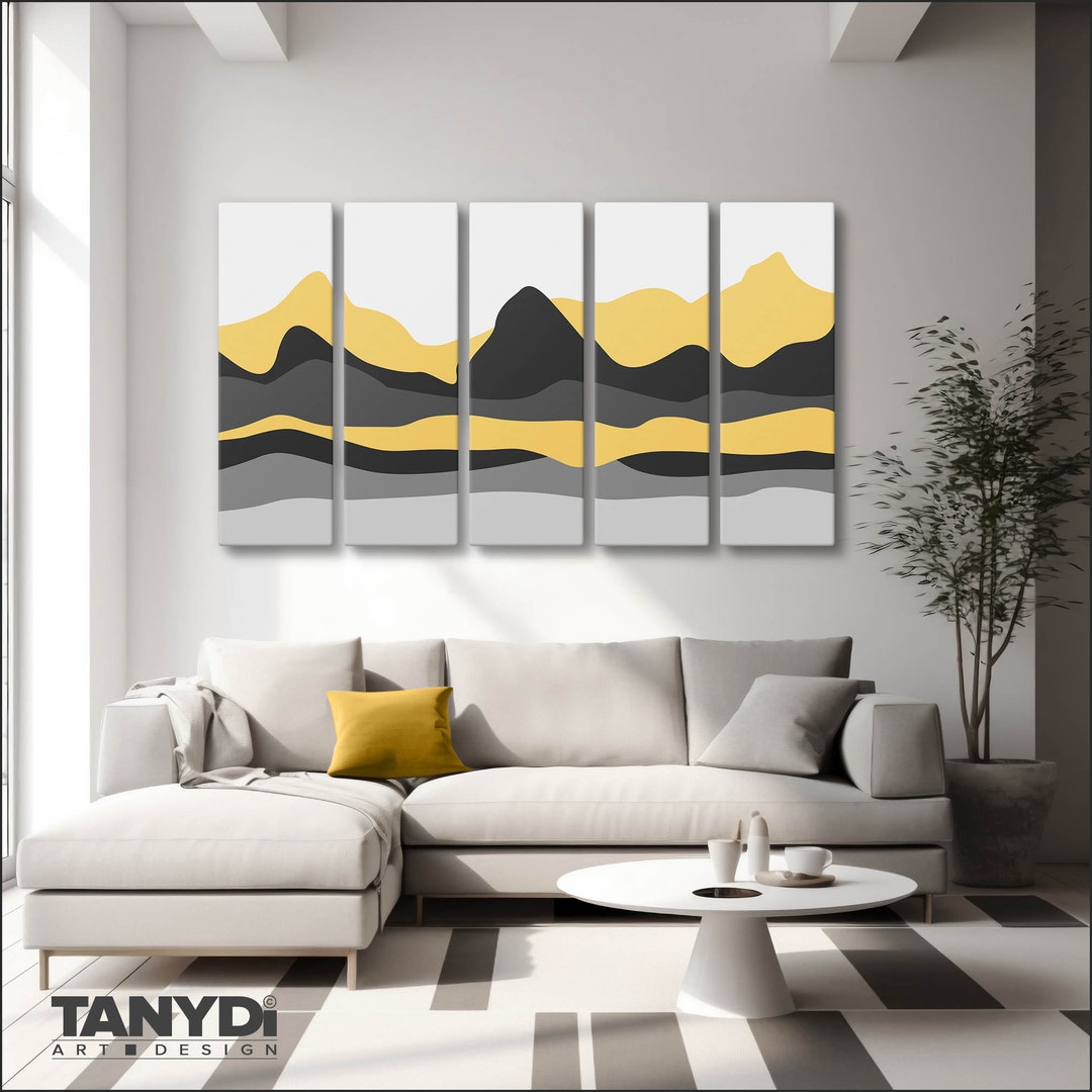 Five Parts Large Nature Line Art, Abstract Mountains Hills in Yellow