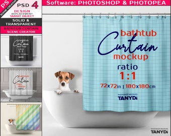 Square Bathtub Shower Curtain, Solid & Transparent, Photoshop Photopea Mockup S-2, Dog in a Bathtub, Curtain Hooks, Metal Tube and Rod