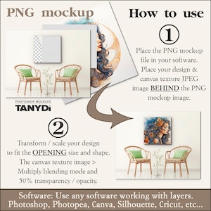 Bundle of 24 PNG Square Canvas Mockups, Empty Opening 1:1 Aspect Ratio, Add Design via Canva PNG, Canvas Print on Interior Wall & Floor