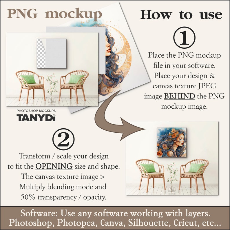 Bundle of 24 PNG Square Canvas Mockups, Empty Opening 1:1 Aspect Ratio, Add Design via Canva PNG, Canvas Print on Interior Wall & Floor