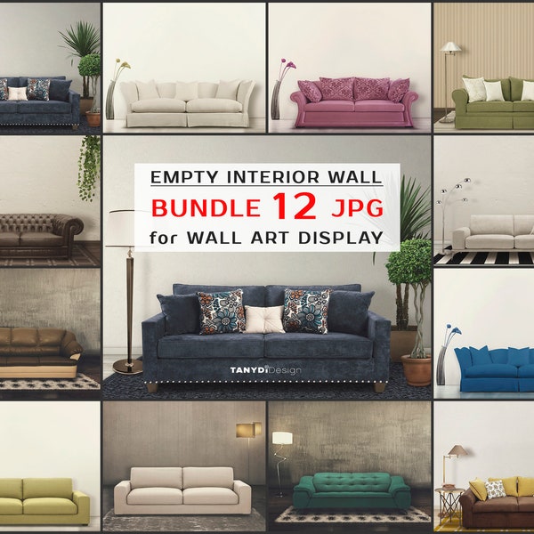 Bundle of 12 JPG Scenes, Various Modern & Classic Sofa B-SM-2, Empty Living Room Wall, Wall art display scenes, White Brown Blue Green Sofa