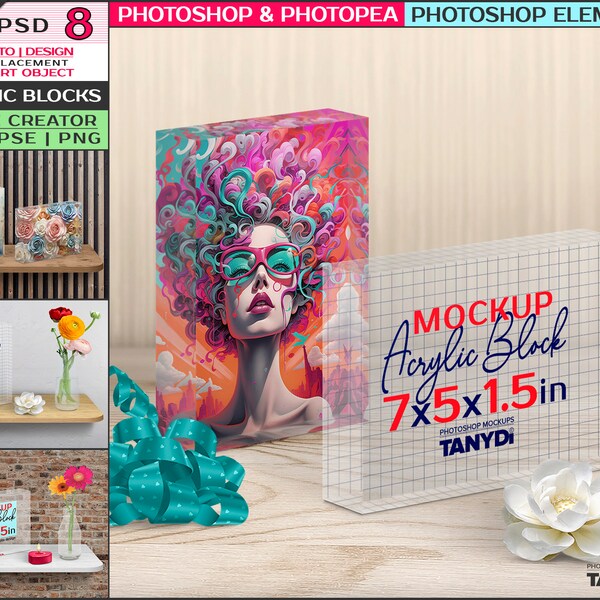 Acrylic Photo Block 5x7x1.5in, Vertical &Horizontal Blocks, Photoshop Photopea Elements Photo Mockup, PNG Transparent Blocks on Shelf Table