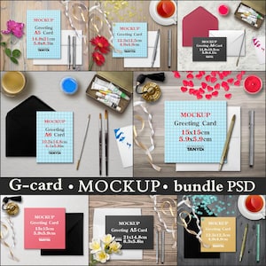 Rectangle & Square Greeting Cards, A5 A6 15x15cm 12.5x12.5cm, Bundle Photoshop Photopea Mockups, Vertical Horizontal, 10 Envelopes on Table