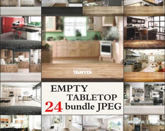 Empty Kitchen Tabletop, Light Dark Wood Counter, Bundle of 24 JPEG Styled Scenes, Blurred Interior, Marble Table, Product Display Scene KT-2