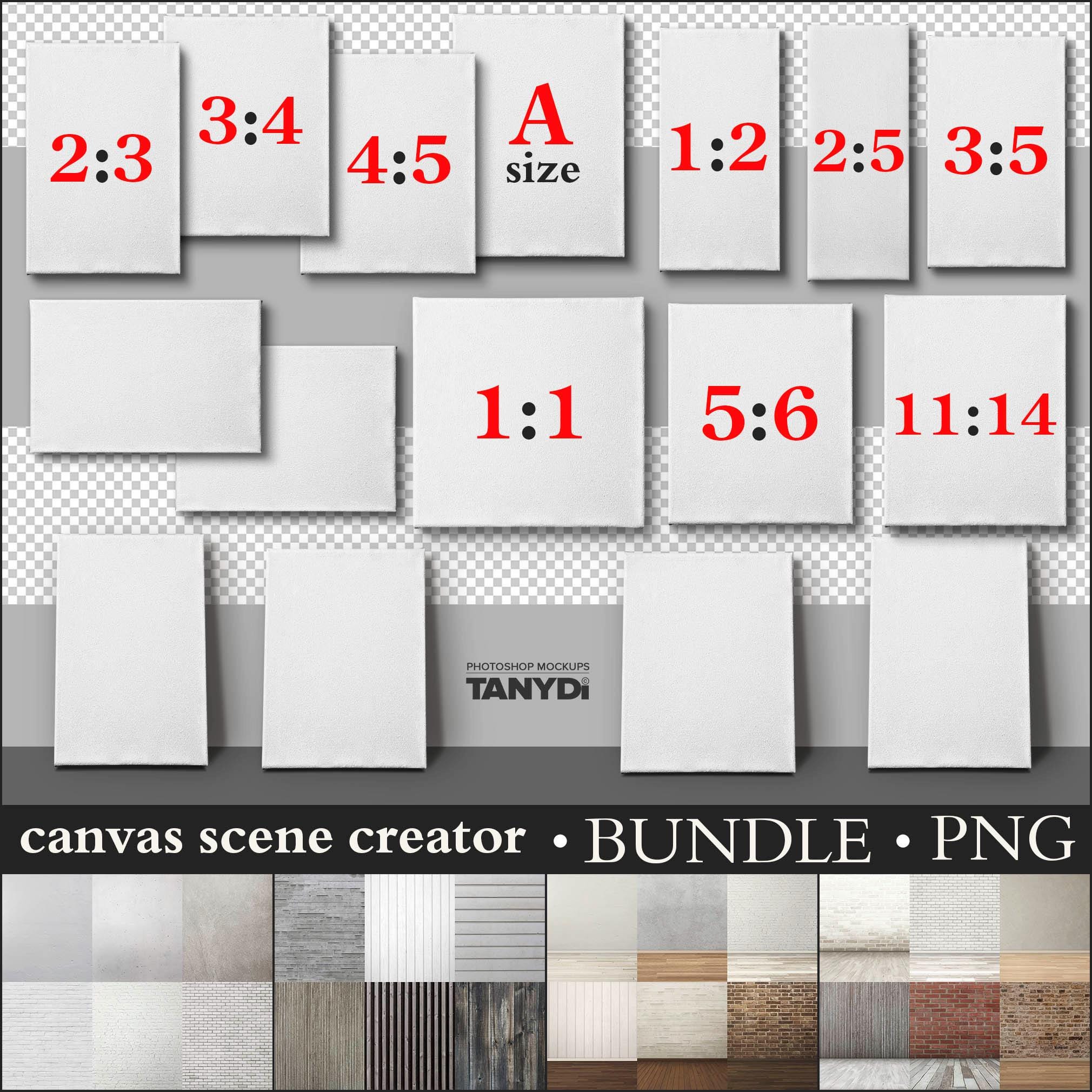 Bundle of PNG Vertical & Horizontal Textured Canvas, Blank Stretched Canvas on Wall and Floor, Custom Scene Creator, Various Aspect Ratio