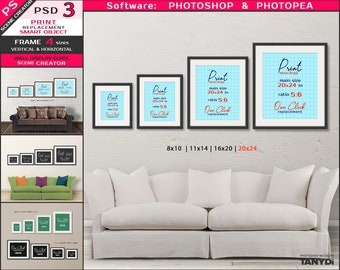 Wall display guide 20x24 16x20 11x14 8x10, Vertical Horizontal Framed Print Art, Sofa Interior, Scene Creator 4F-R38, Photoshop Mockup