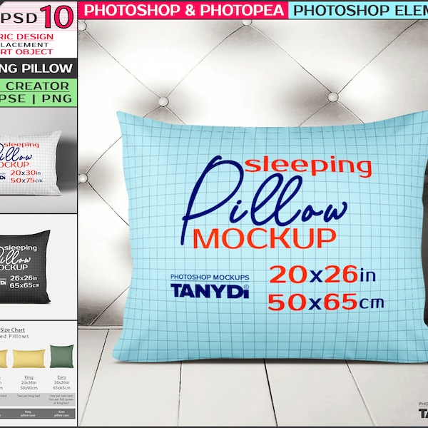 Sleeping Pillows, Standard 20x26, Queen 20x30, Euro 26x26, Front View Photoshop Photopea Elements Mockup, Size Chart, PNG cotton pillows