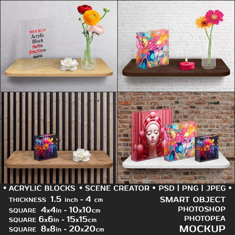 Square Acrylic Photo Blocks on Shelf, 4x4, 6x6x1.5, 8x8x1.5, Photoshop Photopea Photo Mockup, PNG Transparent Blocks on Table, Flowers Bow