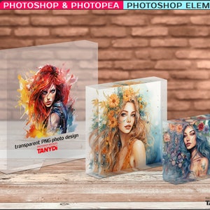 Set of 3 Acrylic Photo Blocks, Square Block 4x4, 6x6, 8x8 in, Photoshop Photopea Elements Photo Mockup, PNG Transparent Blocks 1.5in 40mm