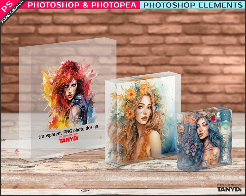 Set of 3 Acrylic Photo Blocks, Square Block 4x4, 6x6, 8x8 in, Photoshop Photopea Elements Photo Mockup, PNG Transparent Blocks 1.5in 40mm