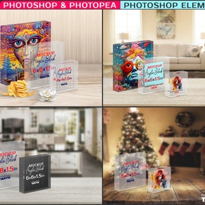 Set of 3 Acrylic Photo Blocks, Square Block 4x4, 6x6, 8x8 in, Photoshop Photopea Elements Photo Mockup, PNG Transparent Blocks 1.5in 40mm