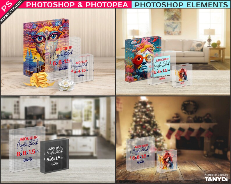 Set of 3 Acrylic Photo Blocks, Square Block 4x4, 6x6, 8x8 in, Photoshop Photopea Elements Photo Mockup, PNG Transparent Blocks 1.5in 40mm