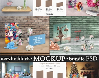 Acrylic Transparent Photo Blocks 1 inch, Square Blocks, Vertical Horizontal 8R, Bundle Photoshop Photopea Mockups, Blocks on Table & Shelf