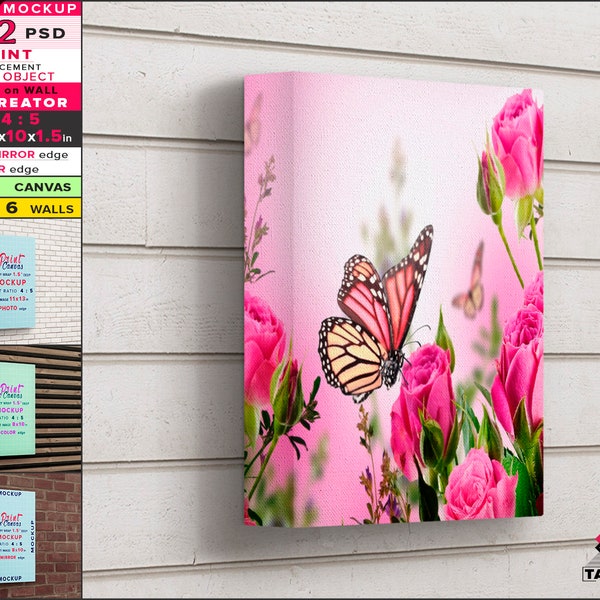 Gallery Wrap Canvas Photoshop Print Mockup, 8x10in - 1.5 deep Vertical PNG 3D canvas on wall, Photo Mirror Color edge, Scene creator