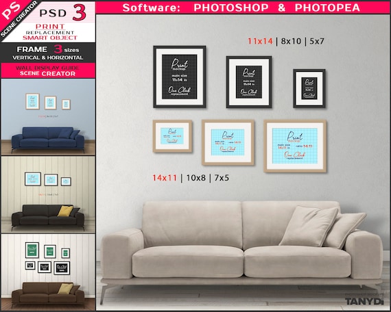 Wall Display Guide 5x7 8x10 11x14, Vertical & Horizontal Framed Prints,  Sofa Interior 3 Print Sizes, Photoshop Mockup, Scene Creator 3F-R1 -   Canada