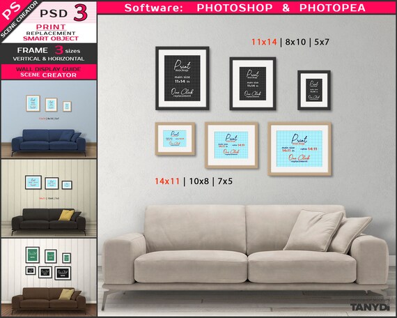 Wall Display Guide 5x7 8x10 11x14, Vertical & Horizontal Framed Prints,  Sofa Interior 3 Print Sizes, Photoshop Mockup, Scene Creator 3F-R1 -   Canada