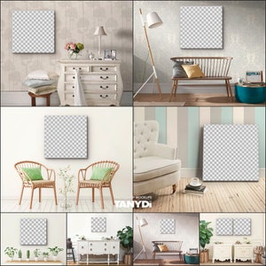 Bundle of 24 PNG Square Canvas Mockups, Empty Opening 1:1 Aspect Ratio, Add Design via Canva PNG, Canvas Print on Interior Wall & Floor