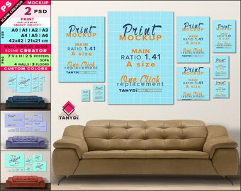 Wall display guide A0 A1 A2 A3 A4 A5 A6 21x21 42x42cm Scene creator, Photoshop print Mockup Vertical & Horizontal posters Sofa-9-9P