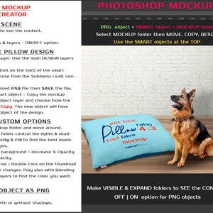 May include: A blue and white pillow mockup with the text "pet bed Pillow ratio 4:3 front fabric mockup" on it. The pillow is sitting on a wooden floor with a German Shepherd dog sitting next to it. The image is a Photoshop mockup with layers and folders visible in the layers panel.
